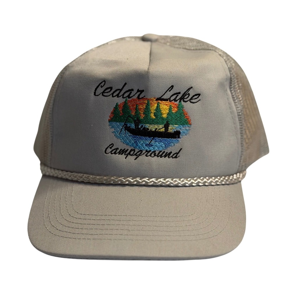VTG San Sun Trucker Hat Gray Cedar Lake Campground Fishing Rope Snapback OSFM